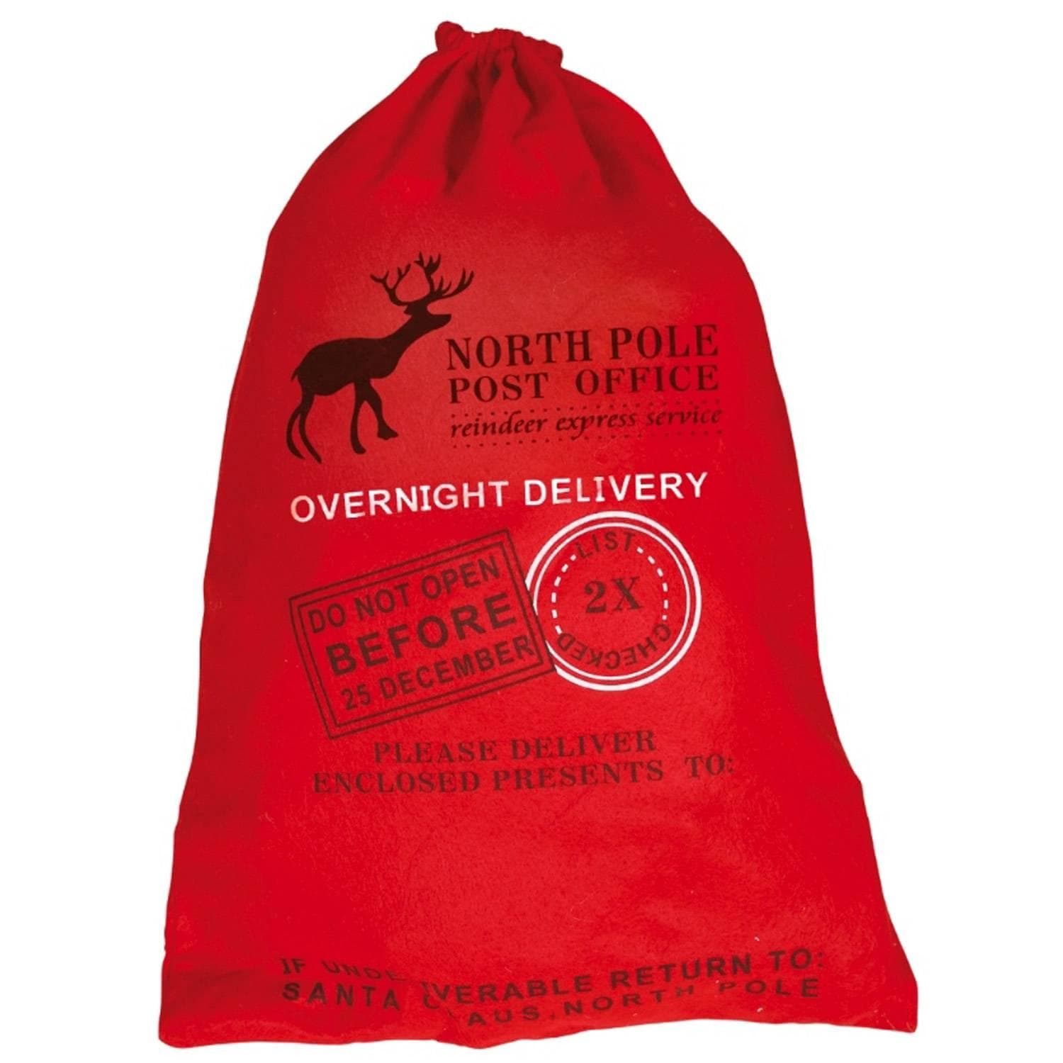Hotte Père Noël rouge imprimée North Pole Post 65cm