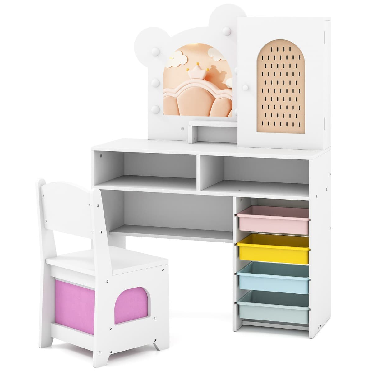 CostwayCoiffeuse pour Enfants avec Lumières avec Fauteuil 5 Tiroirs et 2 Compartiments Armoire à Porte Unique Étagère Ouverte pour 3+ Ans Blanc