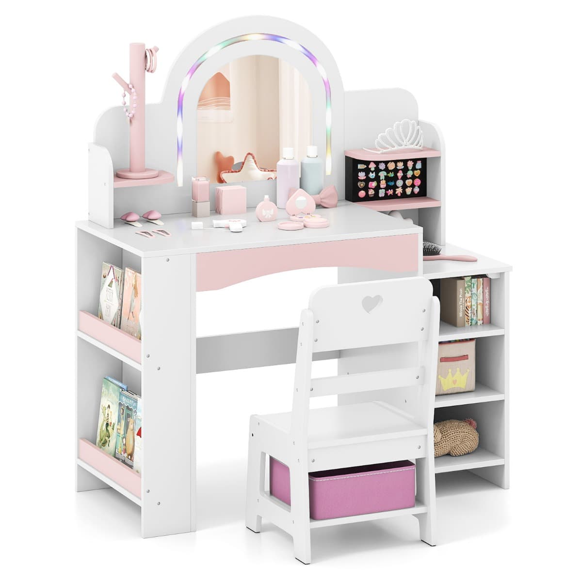 CostwayCoiffeuse pour Enfants avec Miroir et Lumières Table de Maquillage Princesse avec Étagères Ouvertes Support pour 3+ Ans Blanc