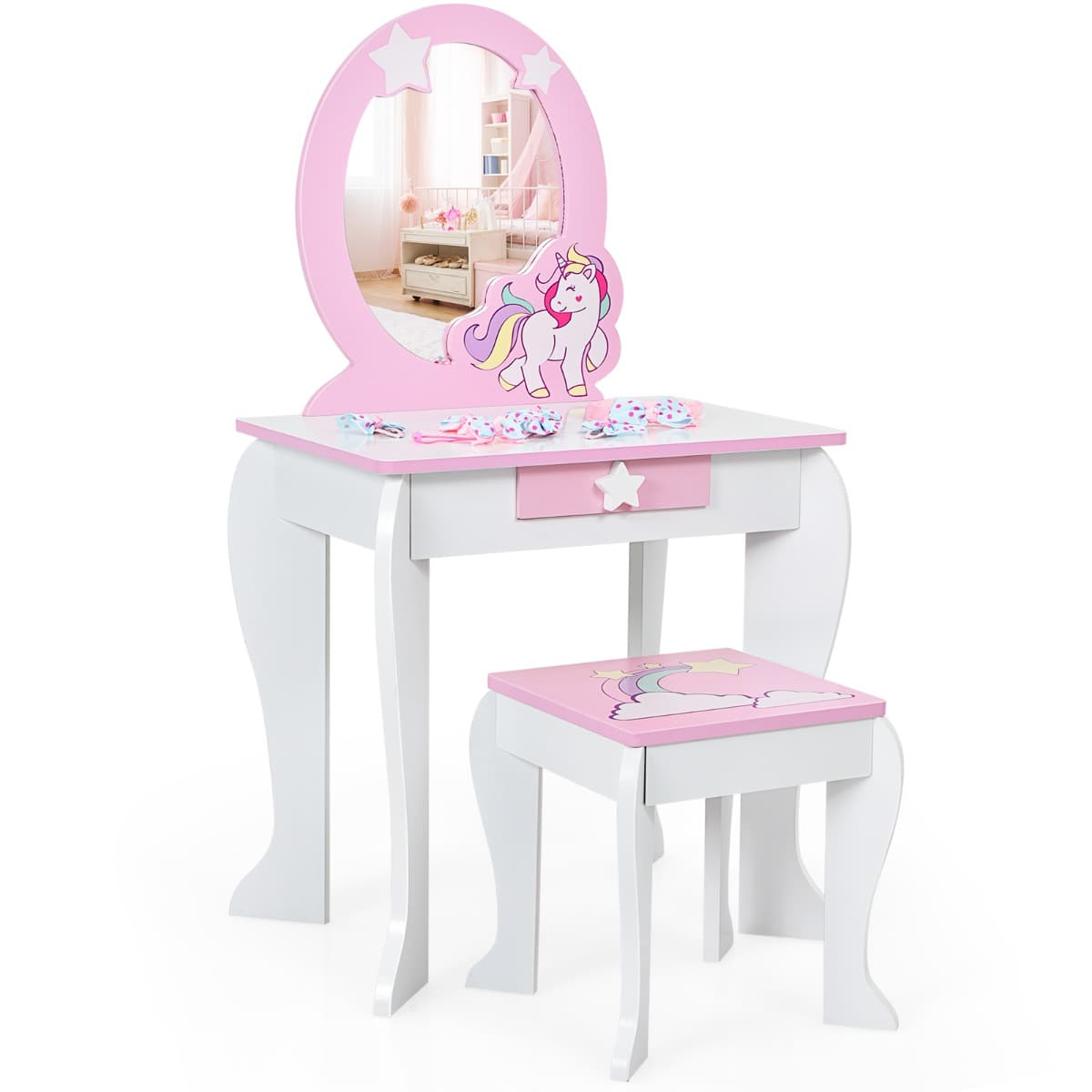 CostwayCoiffeuse pour Enfant Table de Maquillage avec Tabouret Miroir Détachable et 1 Tiroir de Rangement Blanc