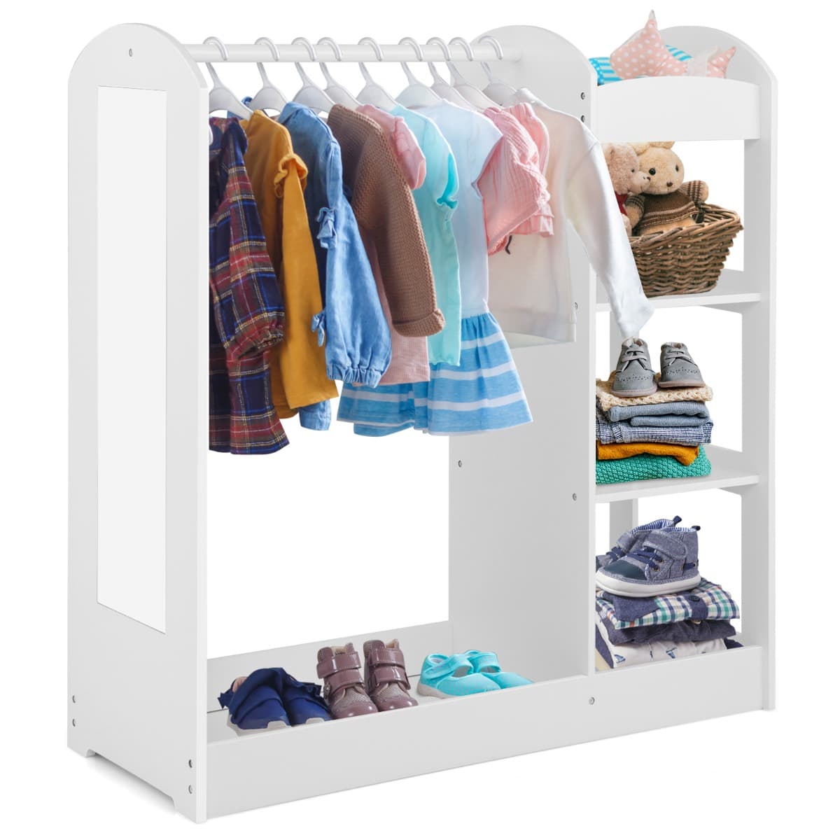 CostwayMeuble Rangement Ouverte pour Enfant avec 4 Étagères et Porte-Vêtements en Bois pour Chamre Enfant 93,5x 38 x 100 cm Blanc